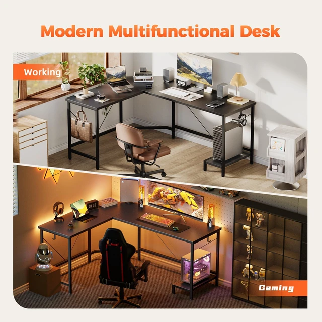 Alt view image 4 of 7 - 67 inch L Shaped Desk with CPU Stand, Large Corner Gaming Desk | Simple Computer Desk with 2 Hooks, Office Table for Home Bedroom Study Work Writing, Black