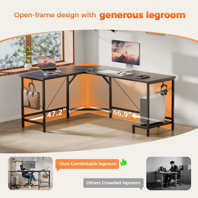 Alt view image 5 of 7 - 67 inch L Shaped Desk with CPU Stand, Large Corner Gaming Desk | Simple Computer Desk with 2 Hooks, Office Table for Home Bedroom Study Work Writing, Black