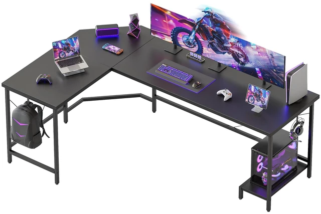 Main image of 67 inch L Shaped Desk with CPU Stand, Large Corner Gaming Desk | Simple Computer Desk with 2 Hooks, Office Table for Home Bedroom Study Work Writing, Black
