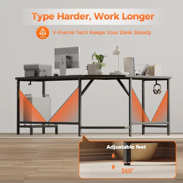 Alt view image 7 of 7 - 67 inch L Shaped Desk with CPU Stand, Large Corner Gaming Desk | Simple Computer Desk with 2 Hooks, Office Table for Home Bedroom Study Work Writing, Black