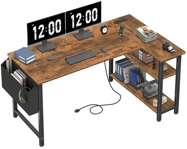 Main image of L Shaped Computer Desk with Power Outlet Shelves, 47 Inch Corner Desk for Home Office Bedroom, L-Shaped Study Writing Working PC Desks, Rustic Brown