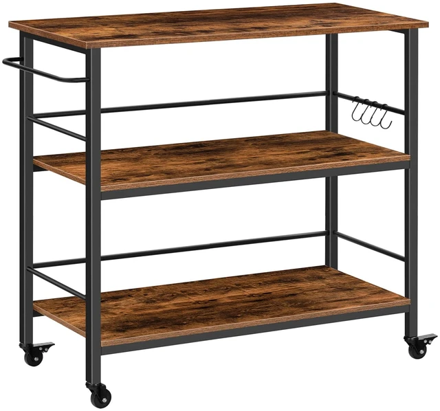 Main image of Kitchen Island with Storage, Industrial Kitchen Counter with Hooks and Side Enclosures, 3 Tier Kitchen Cart with Large Workstation, Saving Space, Easy Assembly, Rustic Brown and Black BF03ZD01