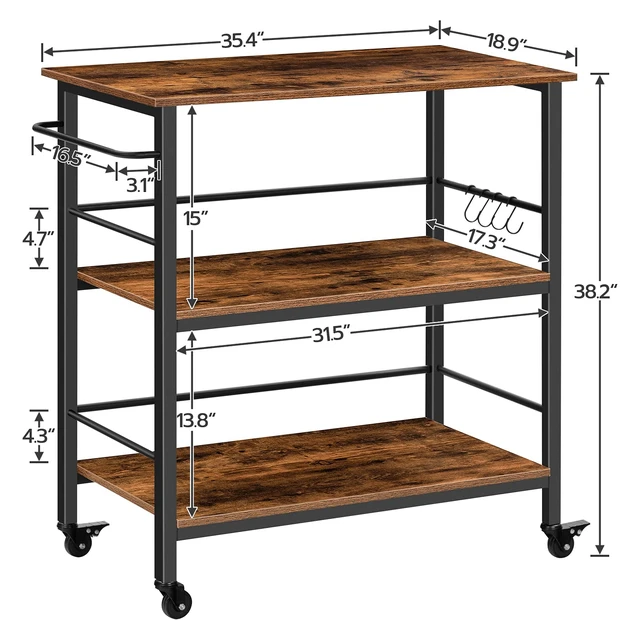 Alt view image 3 of 7 - Kitchen Island with Storage, Industrial Kitchen Counter with Hooks and Side Enclosures, 3 Tier Kitchen Cart with Large Workstation, Saving Space, Easy Assembly, Rustic Brown and Black BF03ZD01