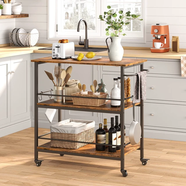 Alt view image 2 of 7 - Kitchen Island with Storage, Industrial Kitchen Counter with Hooks and Side Enclosures, 3 Tier Kitchen Cart with Large Workstation, Saving Space, Easy Assembly, Rustic Brown and Black BF03ZD01