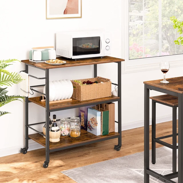 Alt view image 4 of 7 - Kitchen Island with Storage, Industrial Kitchen Counter with Hooks and Side Enclosures, 3 Tier Kitchen Cart with Large Workstation, Saving Space, Easy Assembly, Rustic Brown and Black BF03ZD01