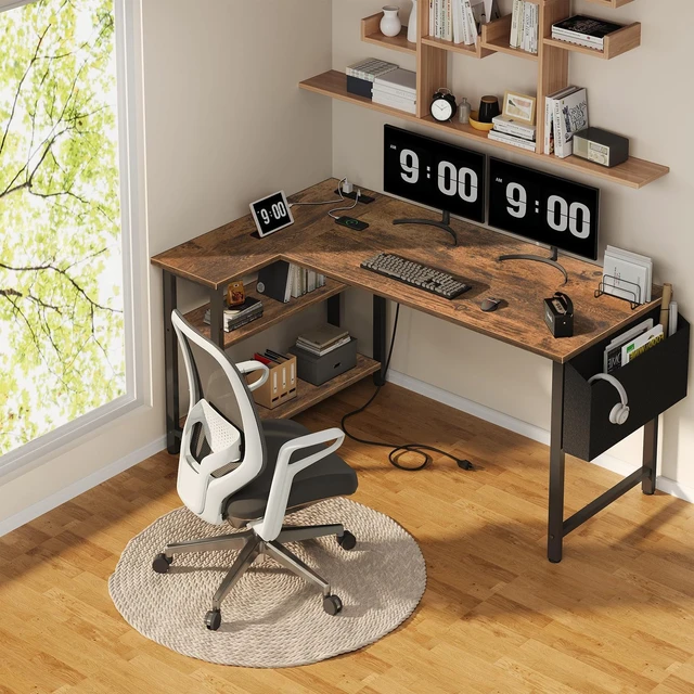 Alt view image 2 of 7 - L Shaped Computer Desk with Power Outlet Shelves, 47 Inch Corner Desk for Home Office Bedroom, L-Shaped Study Writing Working PC Desks, Rustic Brown