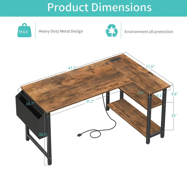 Alt view image 3 of 7 - L Shaped Computer Desk with Power Outlet Shelves, 47 Inch Corner Desk for Home Office Bedroom, L-Shaped Study Writing Working PC Desks, Rustic Brown