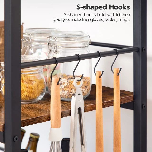 Alt view image 6 of 7 - Kitchen Island with Storage, Industrial Kitchen Counter with Hooks and Side Enclosures, 3 Tier Kitchen Cart with Large Workstation, Saving Space, Easy Assembly, Rustic Brown and Black BF03ZD01