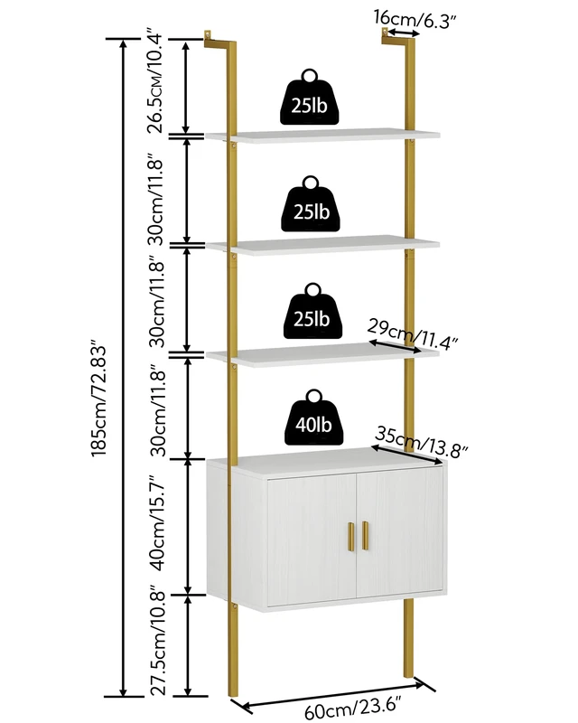 Alt view image 3 of 7 - 73" Tall Bookshelf with Cabinet, Industrial Ladder Wall Mount Shelf Bookcase with Wood and Metal Frame, Plant Shelf Wall Storage Display for Living Room Bedroom, White Gold