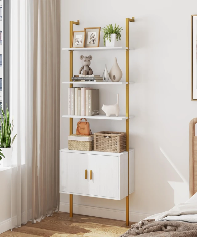 Alt view image 2 of 7 - 73" Tall Bookshelf with Cabinet, Industrial Ladder Wall Mount Shelf Bookcase with Wood and Metal Frame, Plant Shelf Wall Storage Display for Living Room Bedroom, White Gold