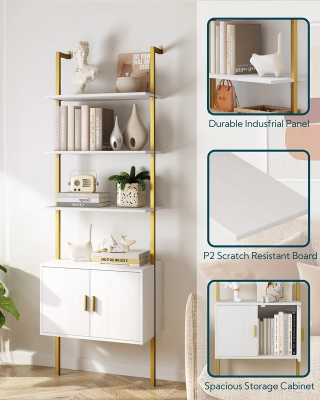 Alt view image 4 of 7 - 73" Tall Bookshelf with Cabinet, Industrial Ladder Wall Mount Shelf Bookcase with Wood and Metal Frame, Plant Shelf Wall Storage Display for Living Room Bedroom, White Gold