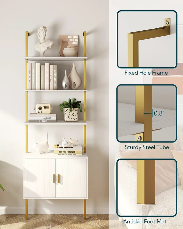 Alt view image 5 of 7 - 73" Tall Bookshelf with Cabinet, Industrial Ladder Wall Mount Shelf Bookcase with Wood and Metal Frame, Plant Shelf Wall Storage Display for Living Room Bedroom, White Gold