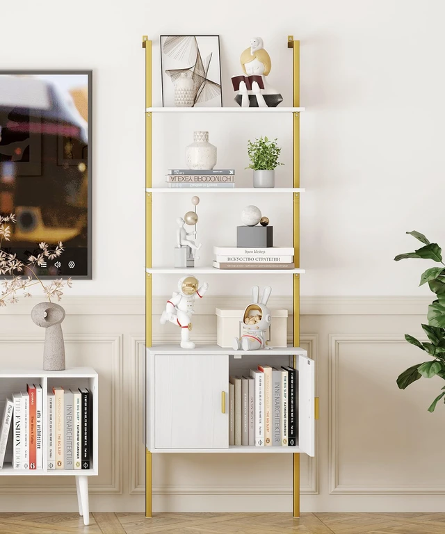 Alt view image 6 of 7 - 73" Tall Bookshelf with Cabinet, Industrial Ladder Wall Mount Shelf Bookcase with Wood and Metal Frame, Plant Shelf Wall Storage Display for Living Room Bedroom, White Gold