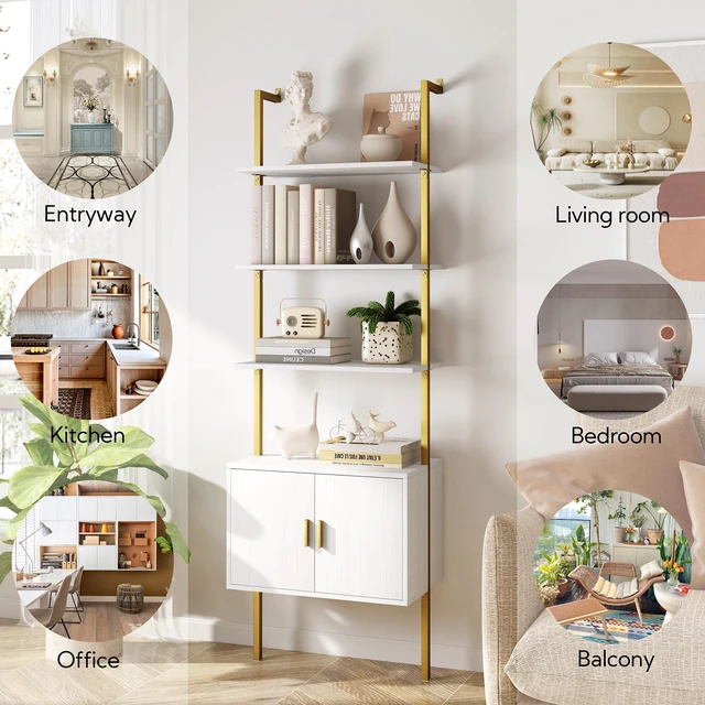 Alt view image 7 of 7 - 73" Tall Bookshelf with Cabinet, Industrial Ladder Wall Mount Shelf Bookcase with Wood and Metal Frame, Plant Shelf Wall Storage Display for Living Room Bedroom, White Gold