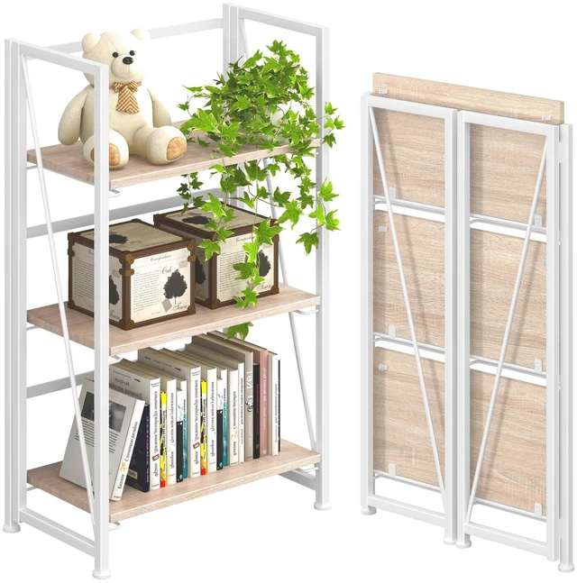 Main image of No Assembly Folding Bookshelf Storage Shelves 3 Tier Vintage Bookcase Standing Racks for Bedroom Living Room Home Office