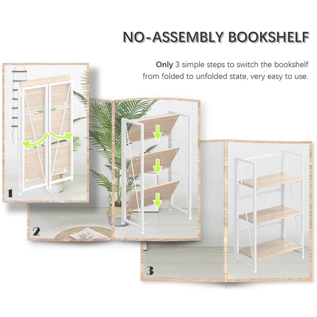 Alt view image 4 of 4 - No Assembly Folding Bookshelf Storage Shelves 3 Tier Vintage Bookcase Standing Racks for Bedroom Living Room Home Office