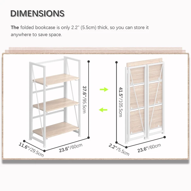 Alt view image 3 of 4 - No Assembly Folding Bookshelf Storage Shelves 3 Tier Vintage Bookcase Standing Racks for Bedroom Living Room Home Office