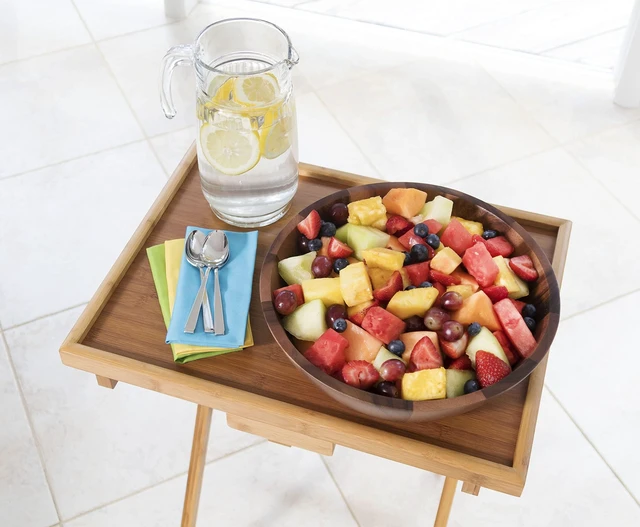 Alt view image 5 of 6 - Bamboo Wood Lipped Folding Snack Table Trays for Kitchen, Home, Office and Playroom, Set of 2
