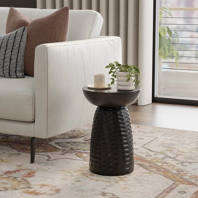 Alt view image 2 of 7 - Boyd 13" Wide Solid Wood Round End Table in Black | Contemporary accent table, handcrafted and assembled; nightstand, lamp stand, or side table for living room or bedroom.