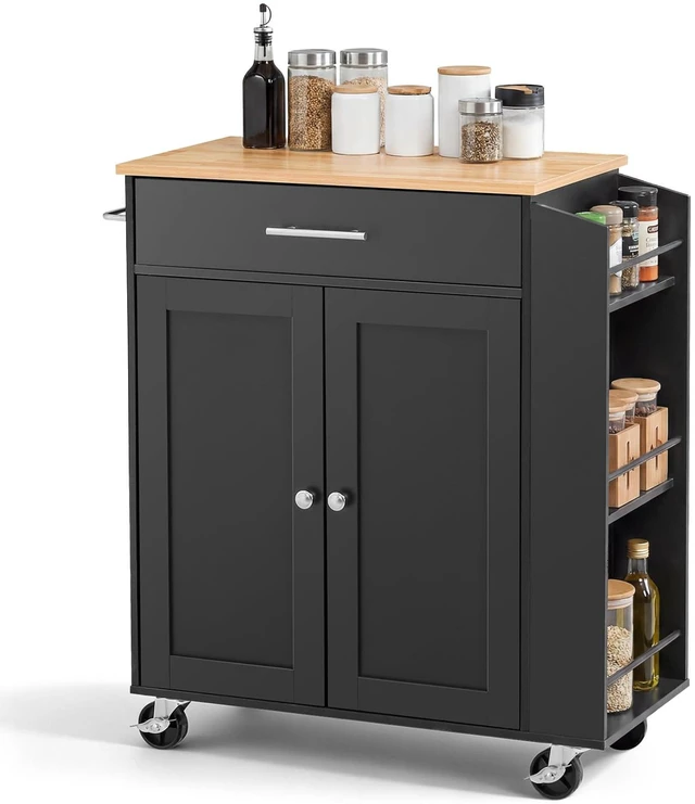 Main image of Kitchen Island Cart with Storage, 31.3 in Wide Mobile Rolling Storage Island on Swivel Wheels, with Drawer, Storage Cabinet, Spice/Towel Rack, Table for Home Dining Room, Black