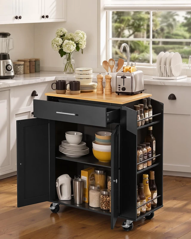 Alt view image 2 of 7 - Kitchen Island Cart with Storage, 31.3 in Wide Mobile Rolling Storage Island on Swivel Wheels, with Drawer, Storage Cabinet, Spice/Towel Rack, Table for Home Dining Room, Black
