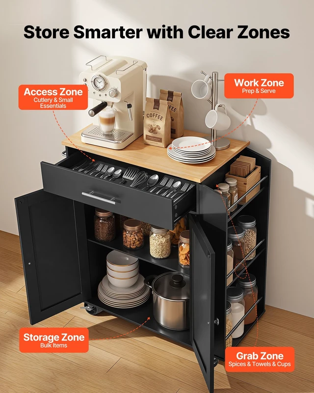 Alt view image 4 of 7 - Kitchen Island Cart with Storage, 31.3 in Wide Mobile Rolling Storage Island on Swivel Wheels, with Drawer, Storage Cabinet, Spice/Towel Rack, Table for Home Dining Room, Black