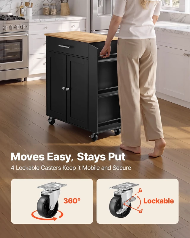 Alt view image 5 of 7 - Kitchen Island Cart with Storage, 31.3 in Wide Mobile Rolling Storage Island on Swivel Wheels, with Drawer, Storage Cabinet, Spice/Towel Rack, Table for Home Dining Room, Black