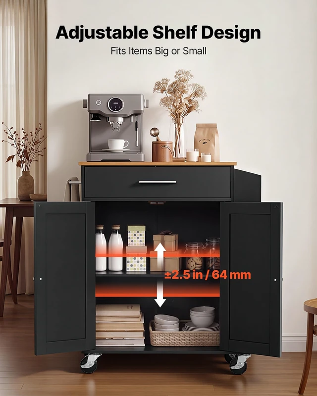 Alt view image 7 of 7 - Kitchen Island Cart with Storage, 31.3 in Wide Mobile Rolling Storage Island on Swivel Wheels, with Drawer, Storage Cabinet, Spice/Towel Rack, Table for Home Dining Room, Black