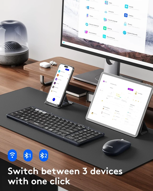 Alt view image 2 of 7 - Foldable Keyboard and Mouse, Folding Bluetooth Keyboard Combo, 2.4G + BT5.0 x 2, Full-Size Portable Travel Keyboard & Rechargeable Wireless Mouse for Windows Android iOS Mac OS, Midnight