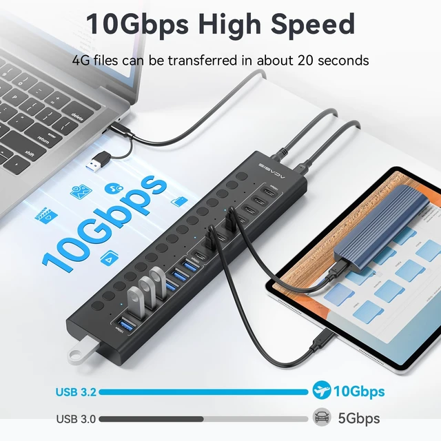 Alt view image 4 of 7 - 16 Ports Powered USB 3.2 Hub (8 USB-A 3.2 +8 USB-C 3.2), 10Gbps | Individual On/Off Switch for Each Port Aluminum Housing Better Heat Dissipation Plug & Play 96W Power Adapter