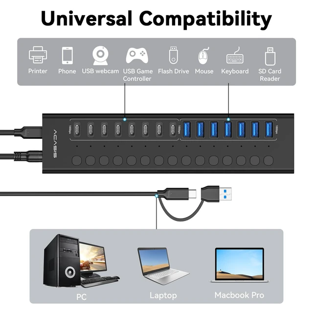 Alt view image 5 of 7 - 16 Ports Powered USB 3.2 Hub (8 USB-A 3.2 +8 USB-C 3.2), 10Gbps | Individual On/Off Switch for Each Port Aluminum Housing Better Heat Dissipation Plug & Play 96W Power Adapter