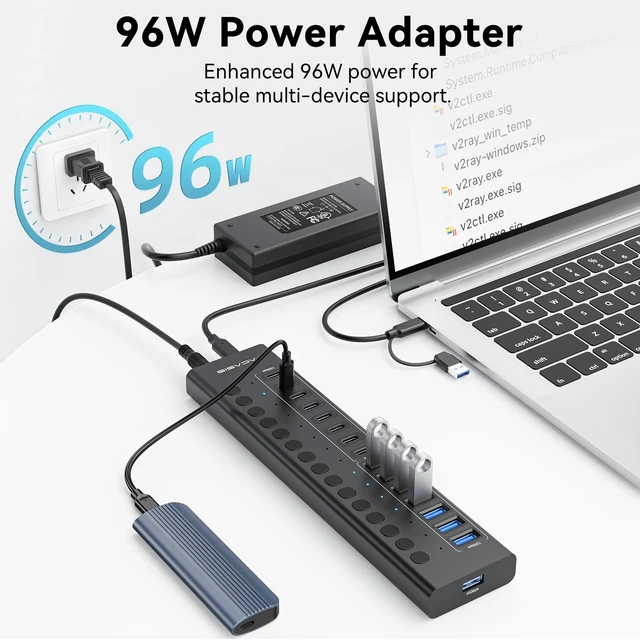 Alt view image 3 of 7 - 16 Ports Powered USB 3.2 Hub (8 USB-A 3.2 +8 USB-C 3.2), 10Gbps | Individual On/Off Switch for Each Port Aluminum Housing Better Heat Dissipation Plug & Play 96W Power Adapter