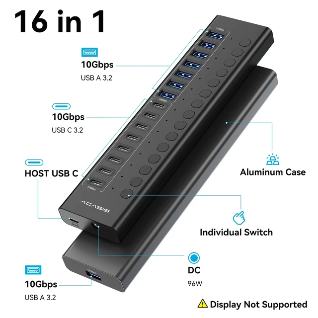 Alt view image 2 of 7 - 16 Ports Powered USB 3.2 Hub (8 USB-A 3.2 +8 USB-C 3.2), 10Gbps | Individual On/Off Switch for Each Port Aluminum Housing Better Heat Dissipation Plug & Play 96W Power Adapter