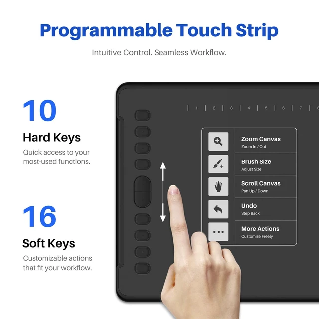 Alt view image 2 of 5 - Inspiroy H1161 Graphics Drawing Tablet with Touch Strip, 11x6.87 Inch | 26 Customizable Keys, 8192 Pressure Levels, ±60° Tilt, Battery-Free Stylus, Compatible with Android, Windows and Mac