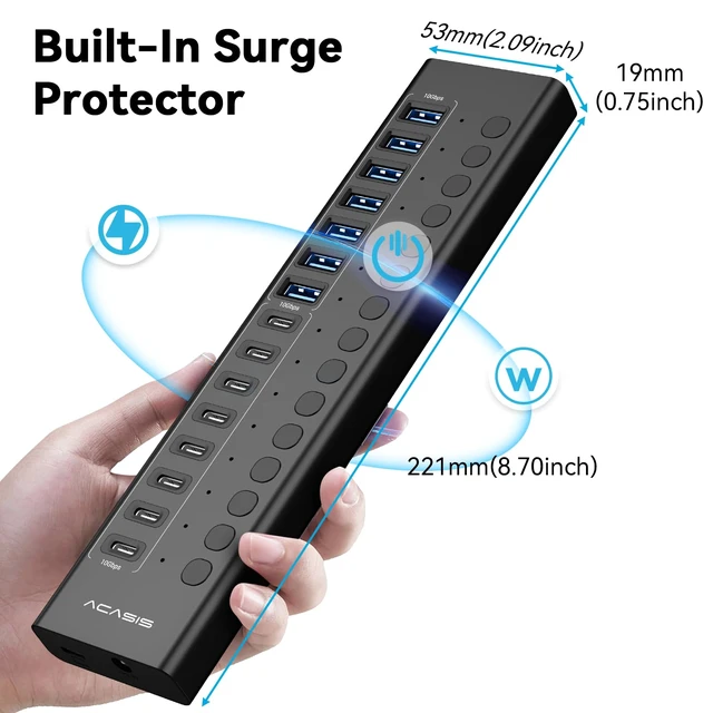 Alt view image 7 of 7 - 16 Ports Powered USB 3.2 Hub (8 USB-A 3.2 +8 USB-C 3.2), 10Gbps | Individual On/Off Switch for Each Port Aluminum Housing Better Heat Dissipation Plug & Play 96W Power Adapter
