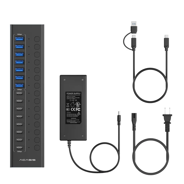 Alt view image 6 of 7 - 16 Ports Powered USB 3.2 Hub (8 USB-A 3.2 +8 USB-C 3.2), 10Gbps | Individual On/Off Switch for Each Port Aluminum Housing Better Heat Dissipation Plug & Play 96W Power Adapter