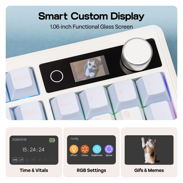 Alt view image 3 of 7 - TH108 V2 PRO Full Size Mechanical Keyboard with Screen&Knob | 10000mAh, BT/2.4Ghz, Mac Modifier PBT Keycap, RGB, Gasket, Wireless Gaming Keyboard for Mac/PC (Blue, Creamy Jade)
