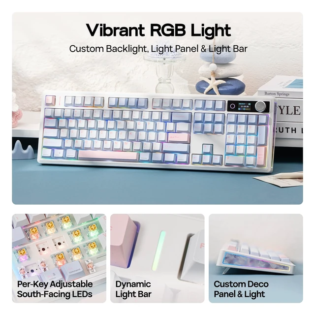 Alt view image 4 of 7 - TH108 V2 PRO Full Size Mechanical Keyboard with Screen&Knob | 10000mAh, BT/2.4Ghz, Mac Modifier PBT Keycap, RGB, Gasket, Wireless Gaming Keyboard for Mac/PC (Blue, Creamy Jade)