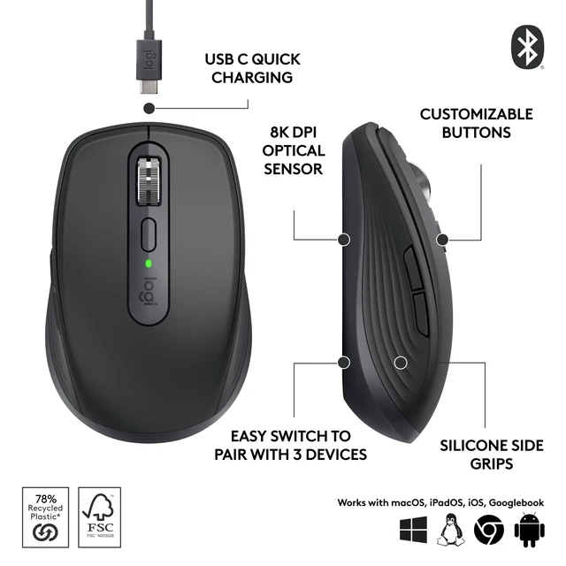 Alt view image 6 of 7 - MX Anywhere 3S Compact Wireless Mouse Fast Scrolling - Graphite | MagSpeed Scrolling , 8K DPI Any-Surface, Quiet Clicks, Programmable Buttons, Windows/Mac/Chrome/Linux, USB-C, Bluetooth