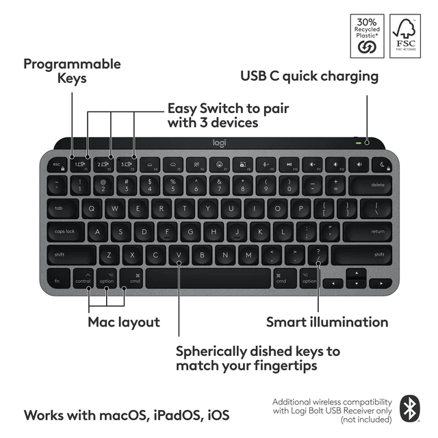Alt view image 6 of 7 - MX Keys Mini for Mac Minimalist Wireless Keyboard - Space Grey | USB-C rechargeable, Smart backlit keys auto-adjust to lighting, Bluetooth Low Energy, Pairs with up to 3 Apple devices