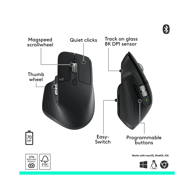 Alt view image 6 of 7 - MX Master 3S - Performance Wireless Mouse with Ultra-Fast Scrolling, Ergo, 8K DPI, Track on Glass, Quiet Clicks, Bluetooth, Windows, Linux, Chrome, Black