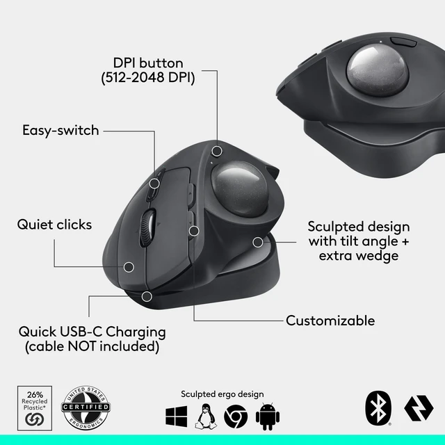Alt view image 6 of 7 - MX Ergo S Advanced Wireless Trackball Mouse, USB-C Rechargeable Wireless Ergonomic Mouse with Bluetooth and Encrypted Dongle, 6 Programmable Buttons, for PC/Mac