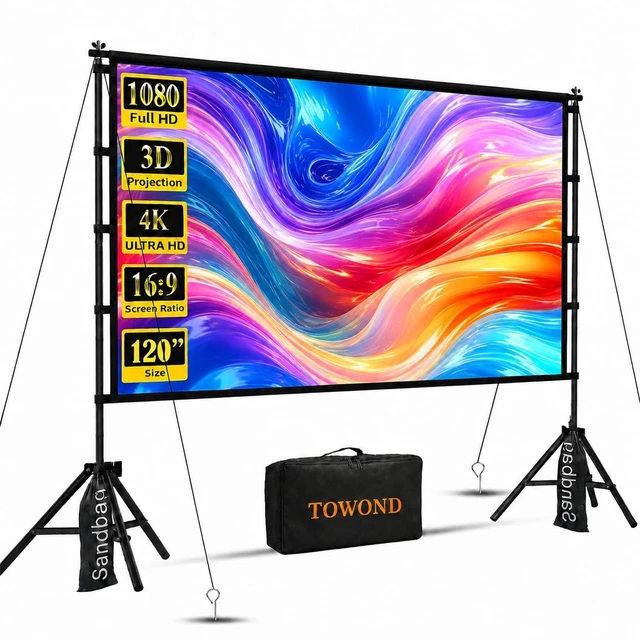 Main image of Outdoor Projector Screen with Stand, 120 inch Portable Movie Screen, 16:9 HD Foldable Anti-Crease Projection Screen with Carry Bag for Sports Viewing Parties Support Double Sided