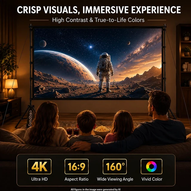 Alt view image 3 of 7 - Outdoor Projector Screen with Stand, 120 inch Portable Movie Screen, 16:9 HD Foldable Anti-Crease Projection Screen with Carry Bag for Sports Viewing Parties Support Double Sided