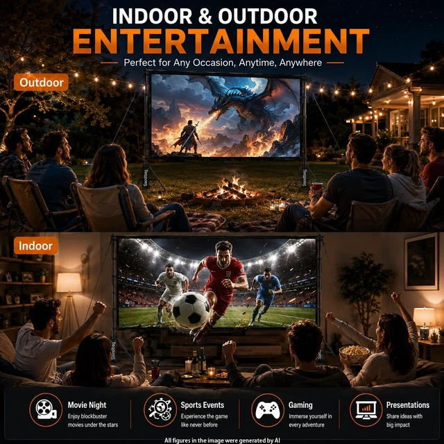 Alt view image 5 of 7 - Outdoor Projector Screen with Stand, 120 inch Portable Movie Screen, 16:9 HD Foldable Anti-Crease Projection Screen with Carry Bag for Sports Viewing Parties Support Double Sided