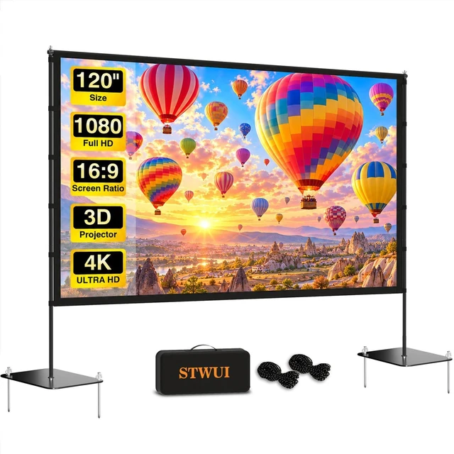 Main image of Outdoor Projector Screen with Stand featuring a Stake-Down Base-120 Inch 16:9 4K HD Portable Projector Screen Indoor Outdoor Movie Screen Lightweight Projection Screen with Carry Bag for Home,Backyard