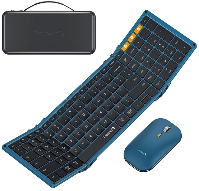 Main image of XKM01 Full-Size Foldable Keyboard Mouse Combo for Travel, Blue | 105-key keyboard, slim mouse, hard case and phone stand; 3-device Bluetooth & 2.4G switching, for travel office use