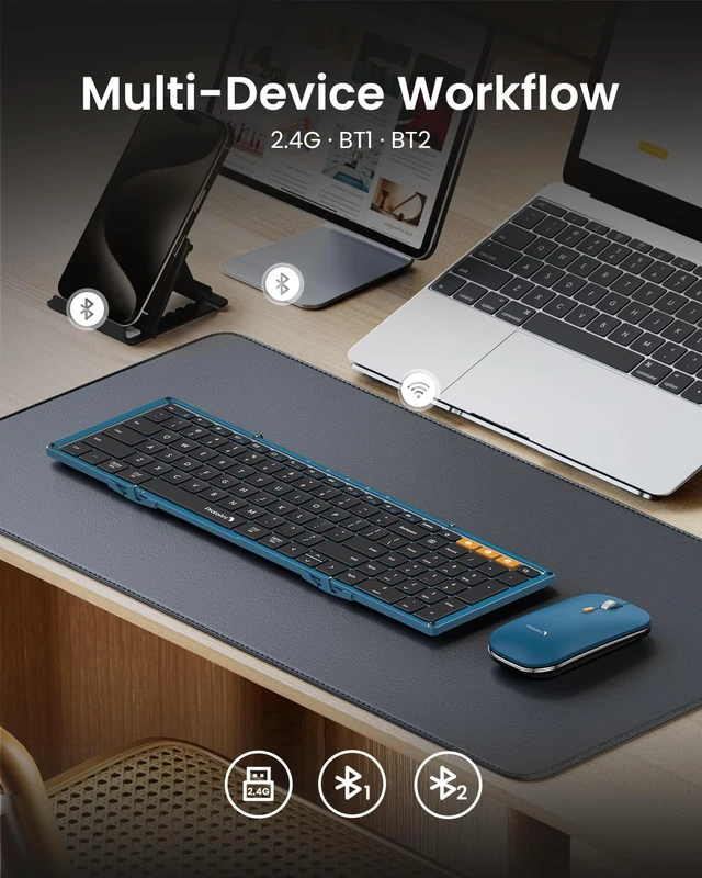 Alt view image 4 of 7 - XKM01 Full-Size Foldable Keyboard Mouse Combo for Travel, Blue | 105-key keyboard, slim mouse, hard case and phone stand; 3-device Bluetooth & 2.4G switching, for travel office use