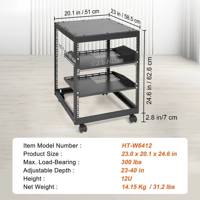 Alt view image 6 of 7 - 12U Open Frame Server Rack, 23-40 in Adjustable Depth, Free Standing or Wall Mount Network Server Rack, 4 Post AV Rack with Casters, Holds All Your Networking IT Equipment AV Gear Router Modem
