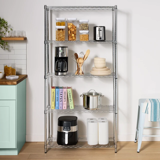 Alt view image 5 of 6 - 5-Shelf Adjustable Heavy Duty Steel Wire Rack, Space Saving Storage Shelving Organizer for Kitchen, Garage, No-Tool Assembly, 350 lbs Weight Capacity, 36" x 14" x 72", Chrome